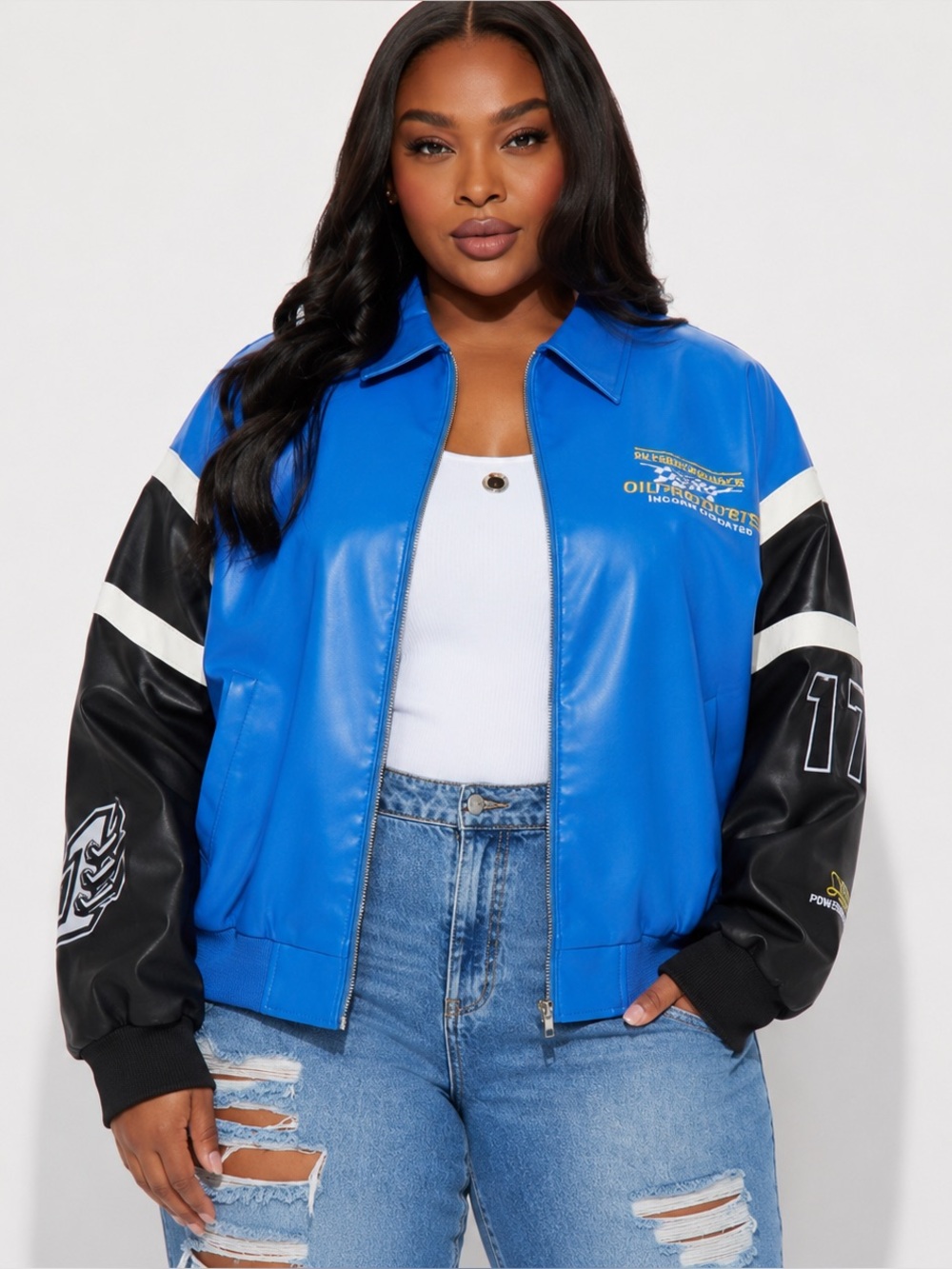 Fashion Nova‎ Take The Lead Faux Leather Racing Bomber Jacket NWT